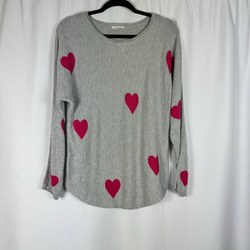 Brit.NY Grey & Pink Heart Sweater Cashmere Rayon Nylon Valentines Date‎ Night L